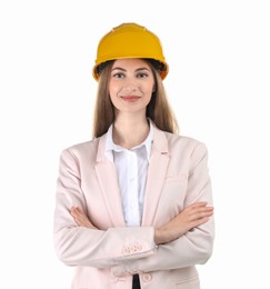 Engineer in hard hat on white background