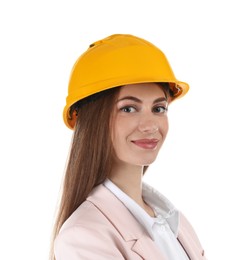 Photo of Engineer in hard hat on white background