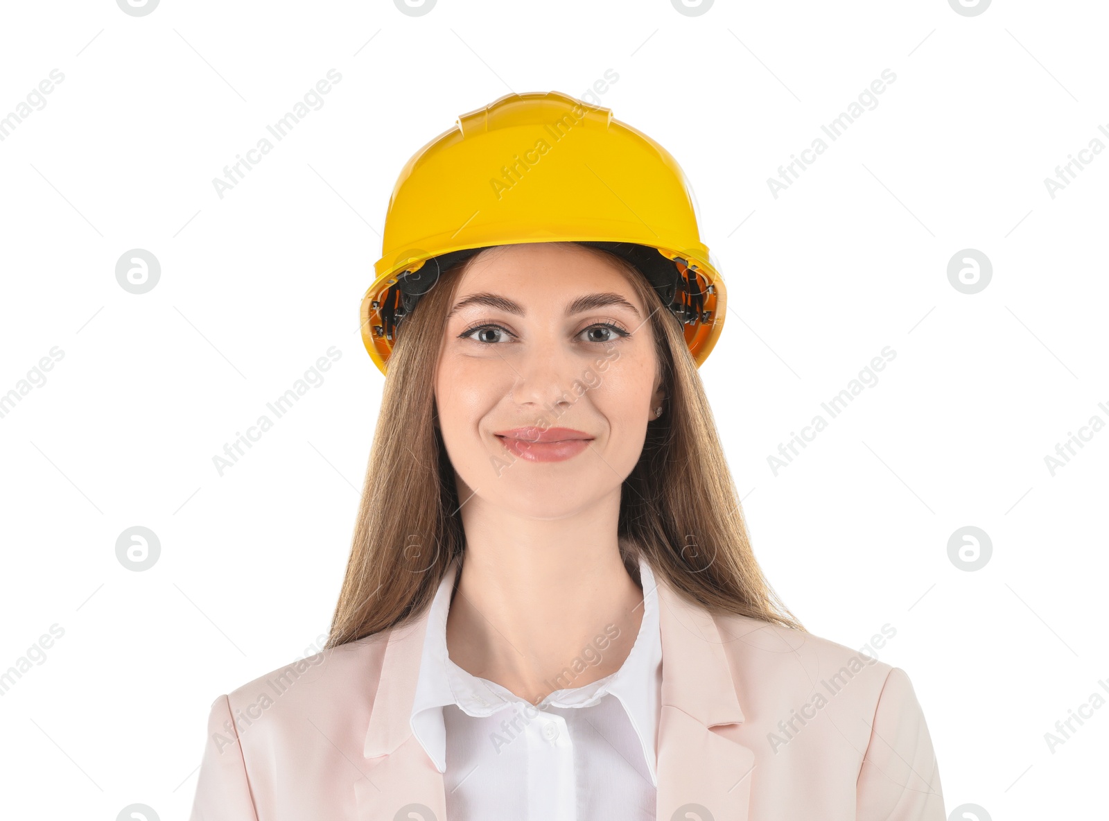 Photo of Engineer in hard hat on white background