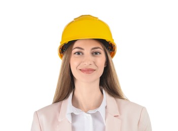 Photo of Engineer in hard hat on white background