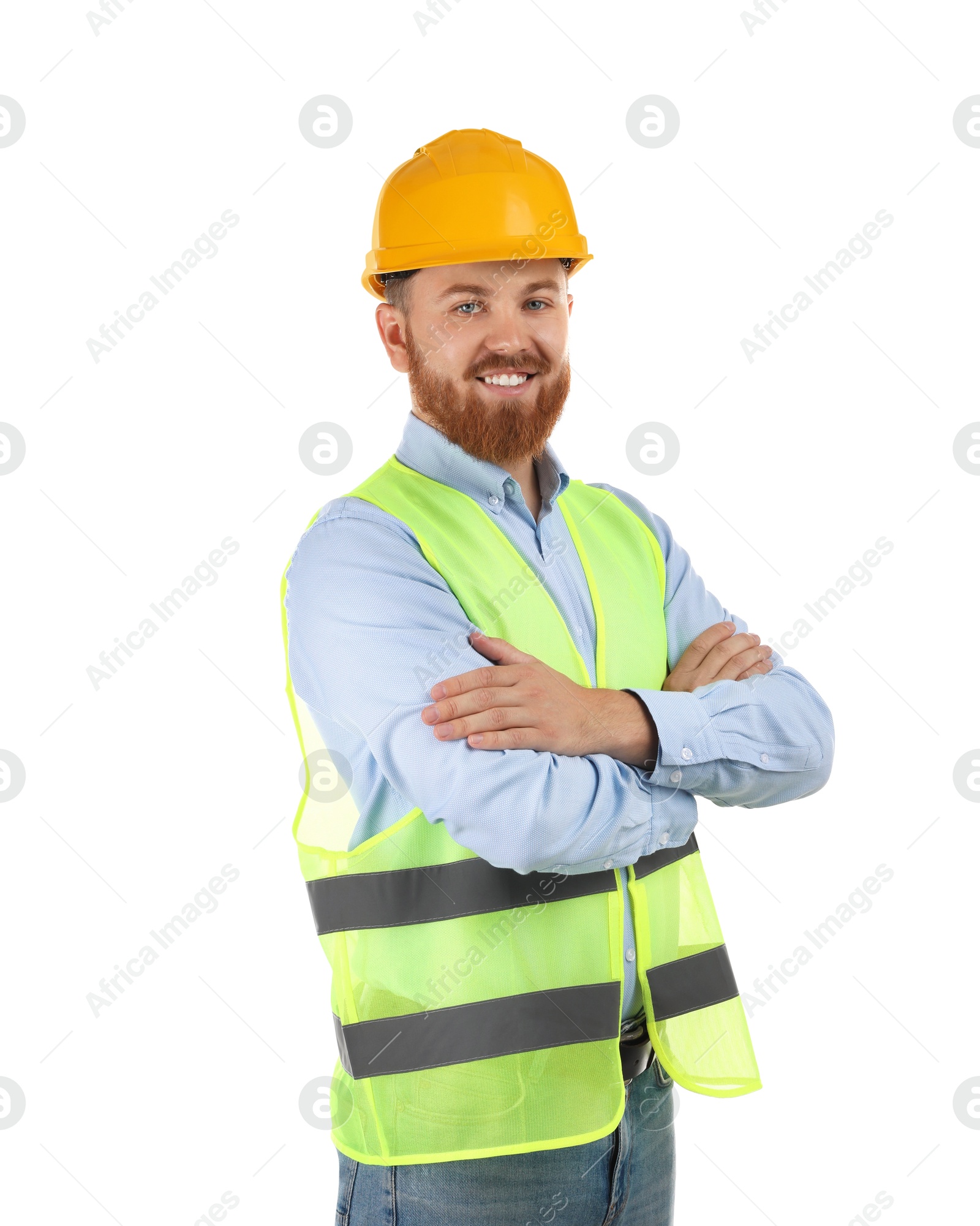 Photo of Engineer in hard hat on white background