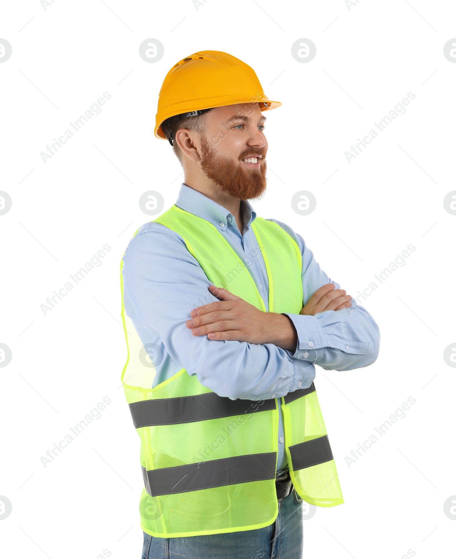 Photo of Engineer in hard hat on white background