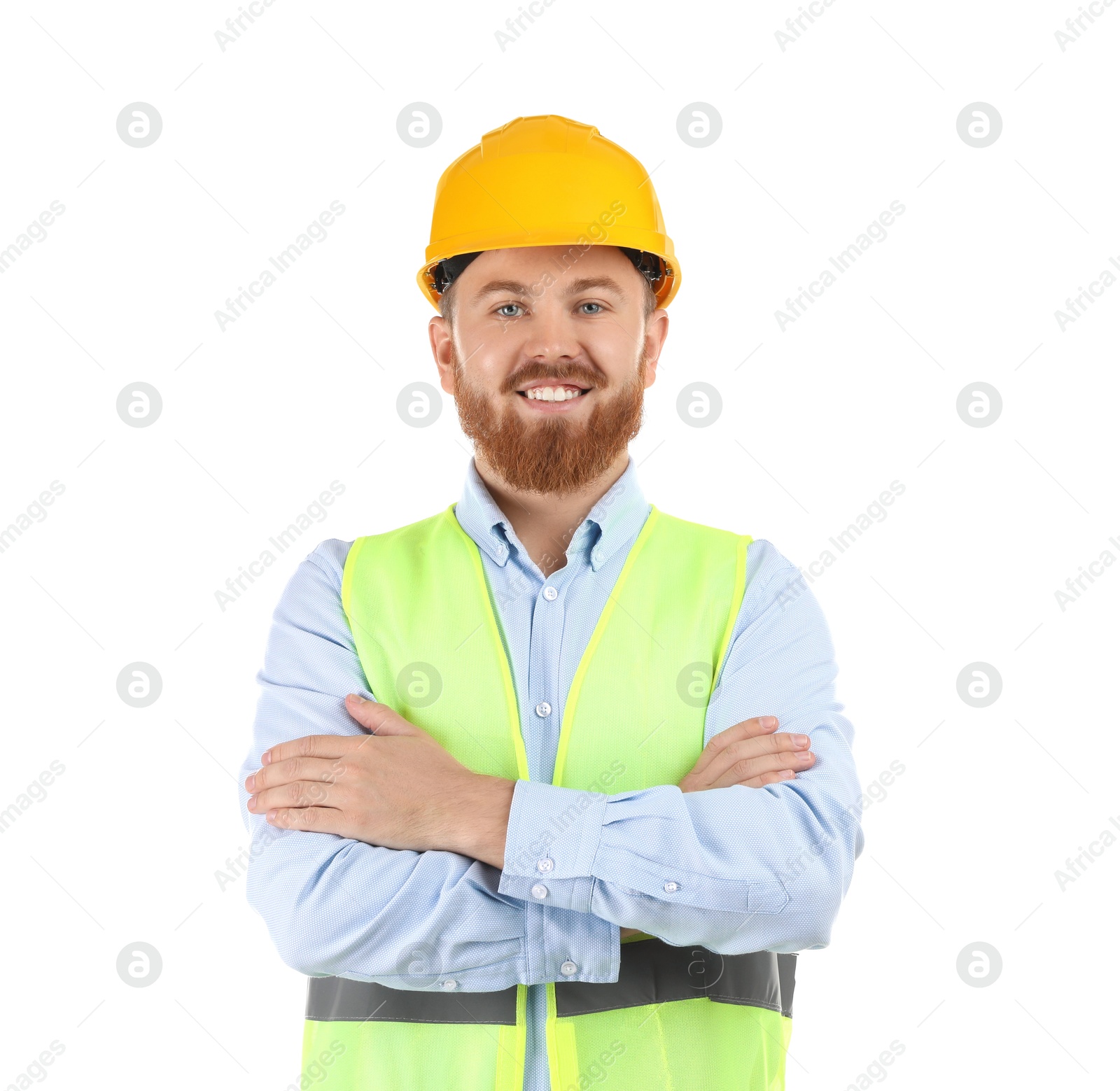 Photo of Engineer in hard hat on white background