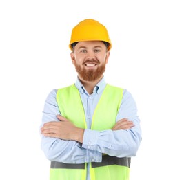 Engineer in hard hat on white background