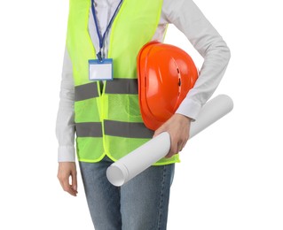 Engineer with hard hat and draft on white background, closeup