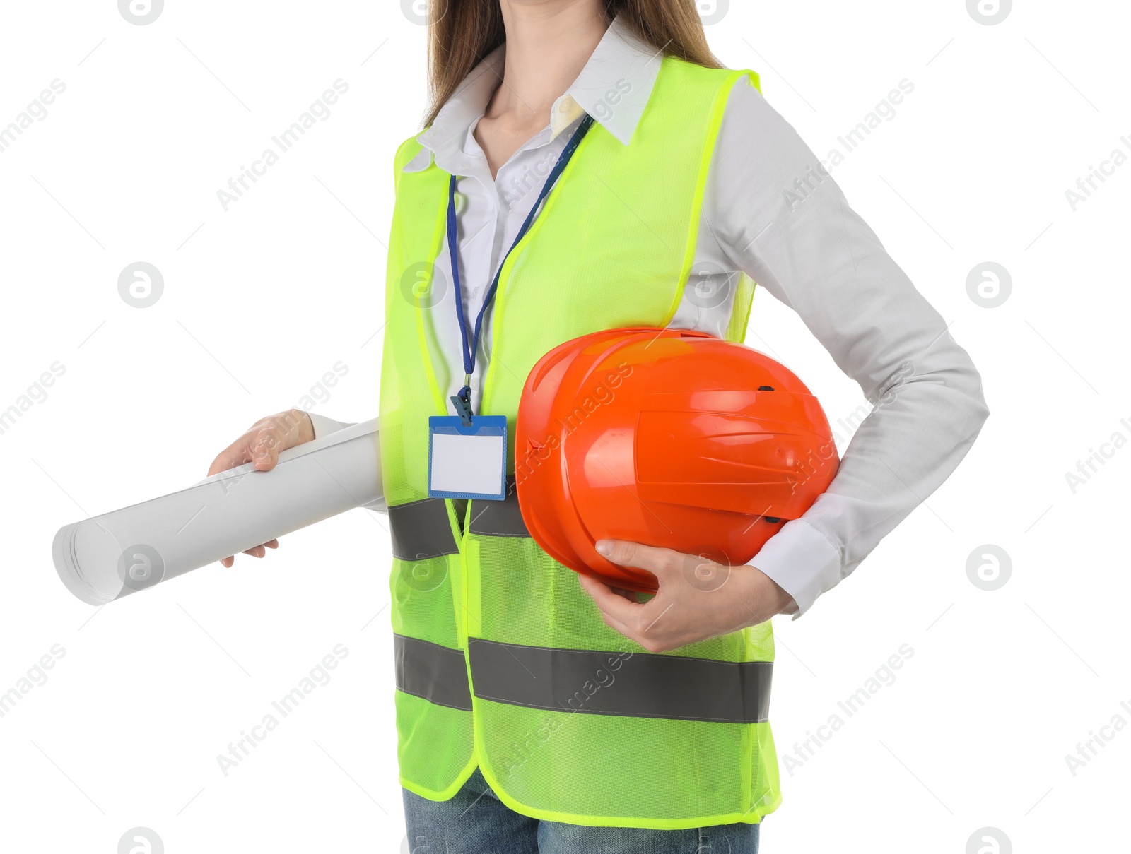 Photo of Engineer with hard hat and draft on white background, closeup