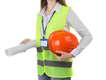 Photo of Engineer with hard hat and draft on white background, closeup