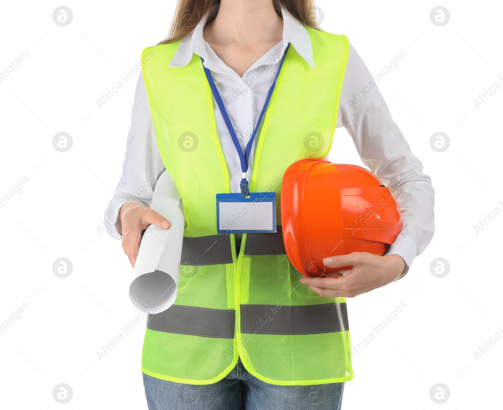 Photo of Engineer with hard hat and draft on white background, closeup