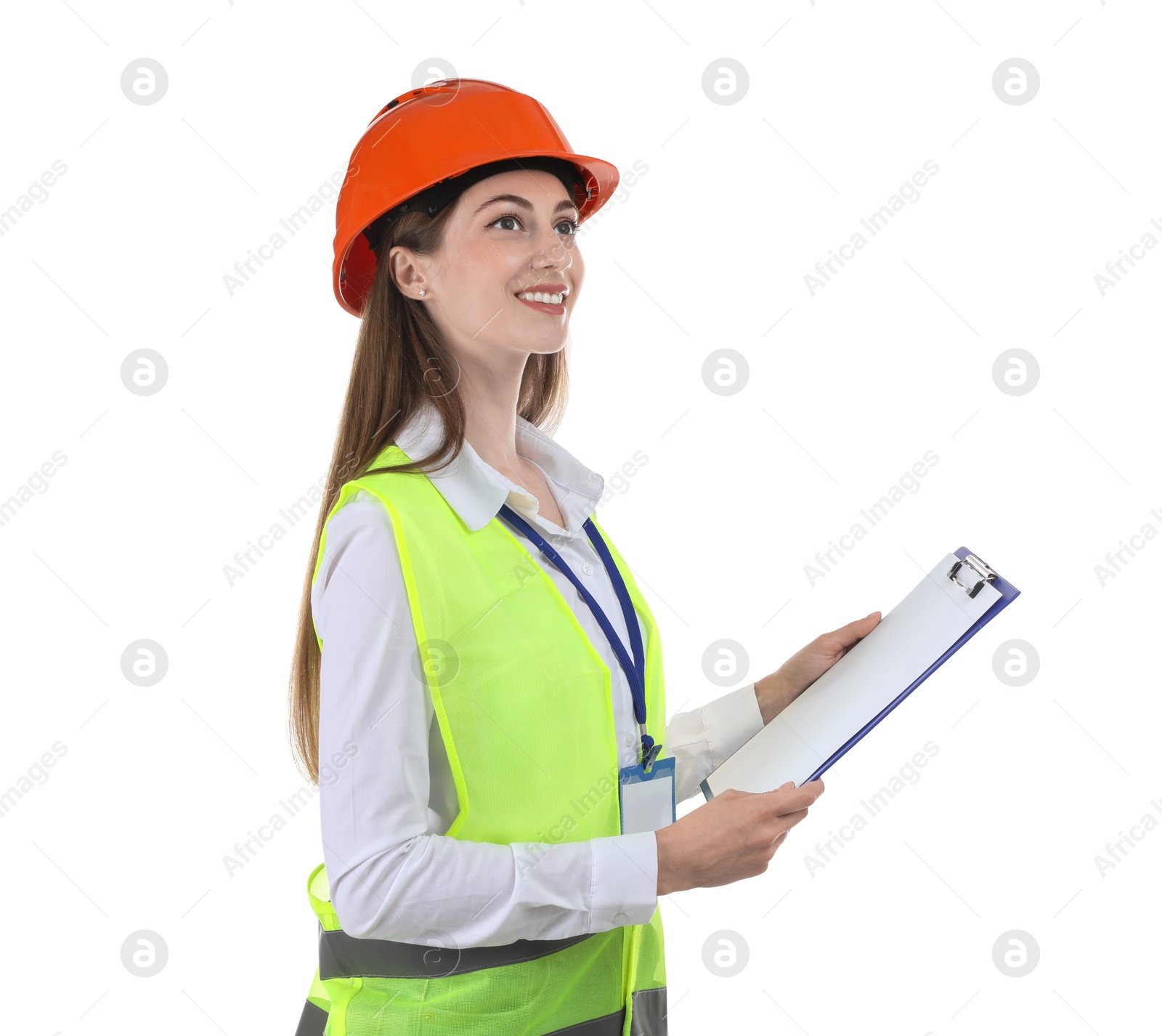 Photo of Engineer in hard hat with clipboard on white background