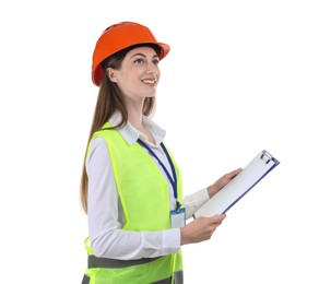 Photo of Engineer in hard hat with clipboard on white background