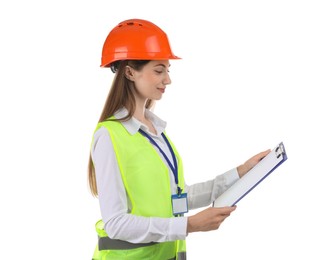 Photo of Engineer in hard hat with clipboard on white background