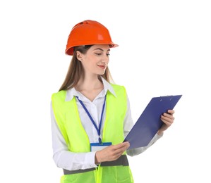 Photo of Engineer in hard hat with clipboard on white background