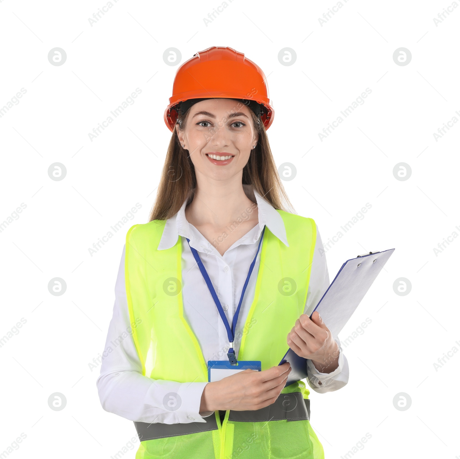 Photo of Engineer in hard hat with clipboard on white background