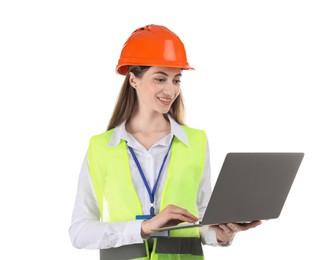 Engineer in hard hat with laptop on white background