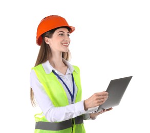 Photo of Engineer in hard hat with laptop on white background