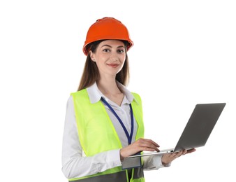 Engineer in hard hat with laptop on white background