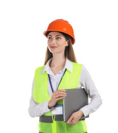 Photo of Engineer in hard hat with laptop on white background