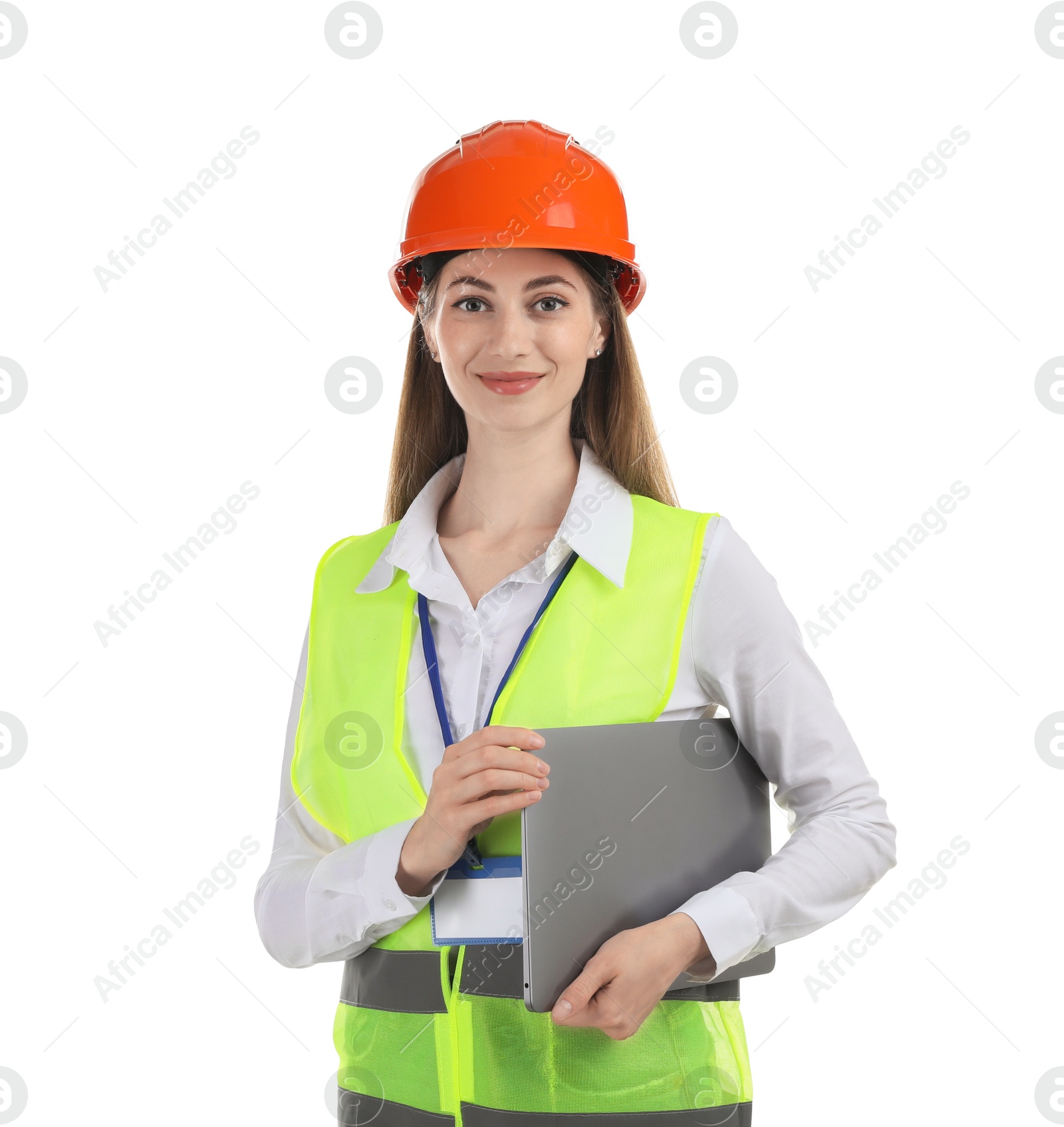 Photo of Engineer in hard hat with laptop on white background