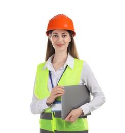 Photo of Engineer in hard hat with laptop on white background