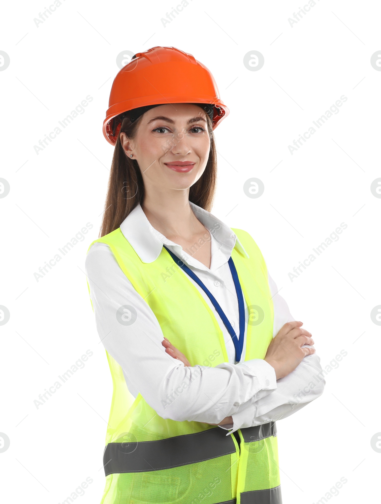 Photo of Engineer in hard hat on white background