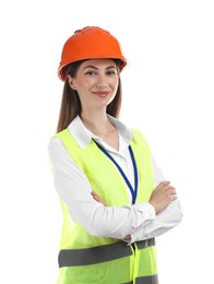 Photo of Engineer in hard hat on white background