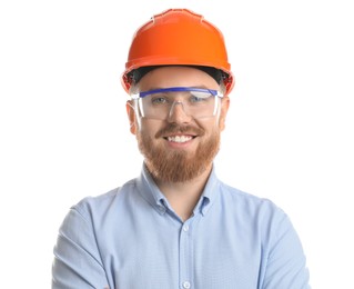 Photo of Engineer in hard hat and goggles on white background