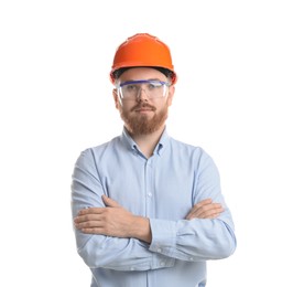 Photo of Engineer in hard hat and goggles on white background