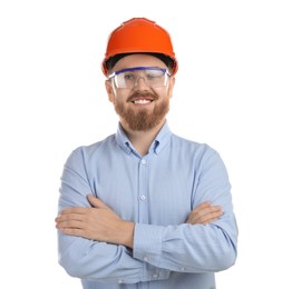 Photo of Engineer in hard hat and goggles on white background