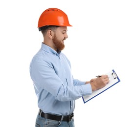 Photo of Engineer in hard hat with clipboard and pen on white background