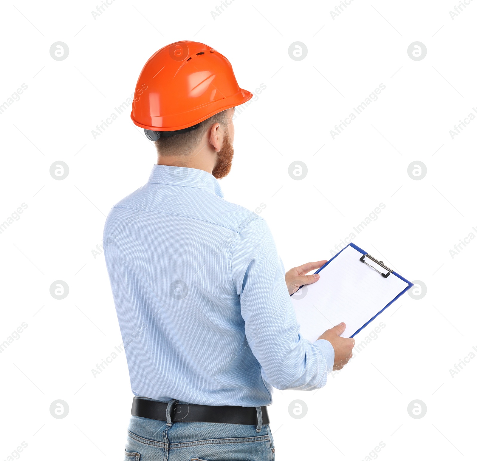 Photo of Engineer in hard hat with clipboard on white background