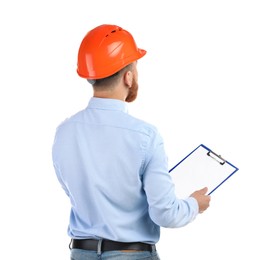 Photo of Engineer in hard hat with clipboard on white background