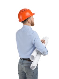 Engineer in hard hat with drafts on white background