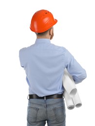 Photo of Engineer in hard hat with drafts on white background, back view
