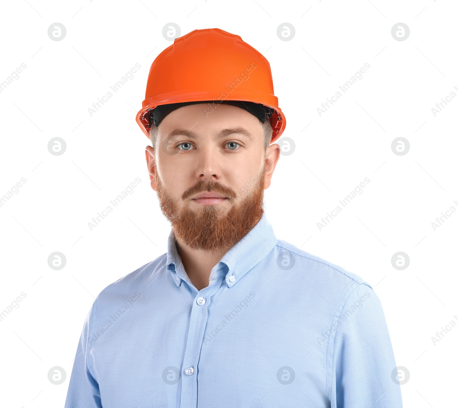 Photo of Engineer in hard hat on white background