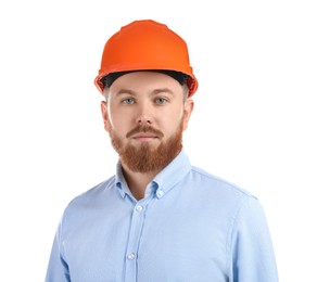 Engineer in hard hat on white background