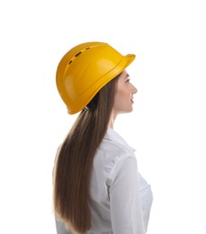 Photo of Engineer in hard hat on white background