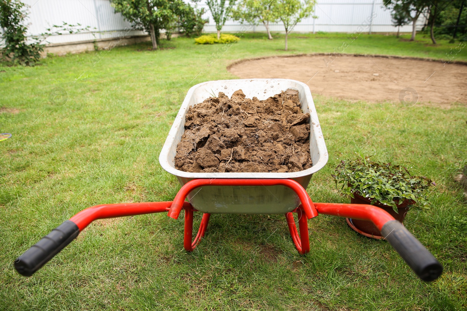 Photo of Wheelbarrow with soil on green grass outdoors