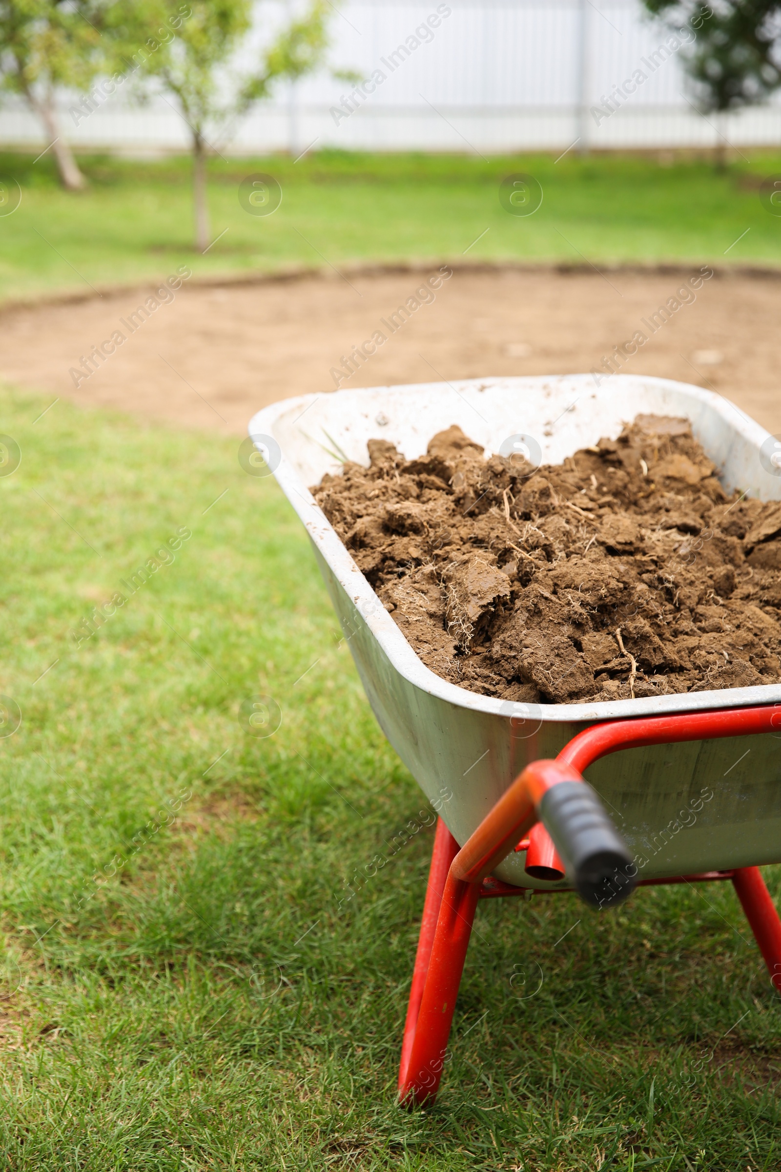 Photo of Wheelbarrow with soil on green grass outdoors, closeup