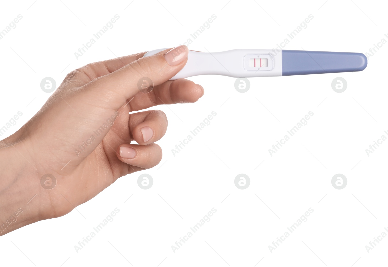 Photo of Woman holding pregnancy test on white background, closeup