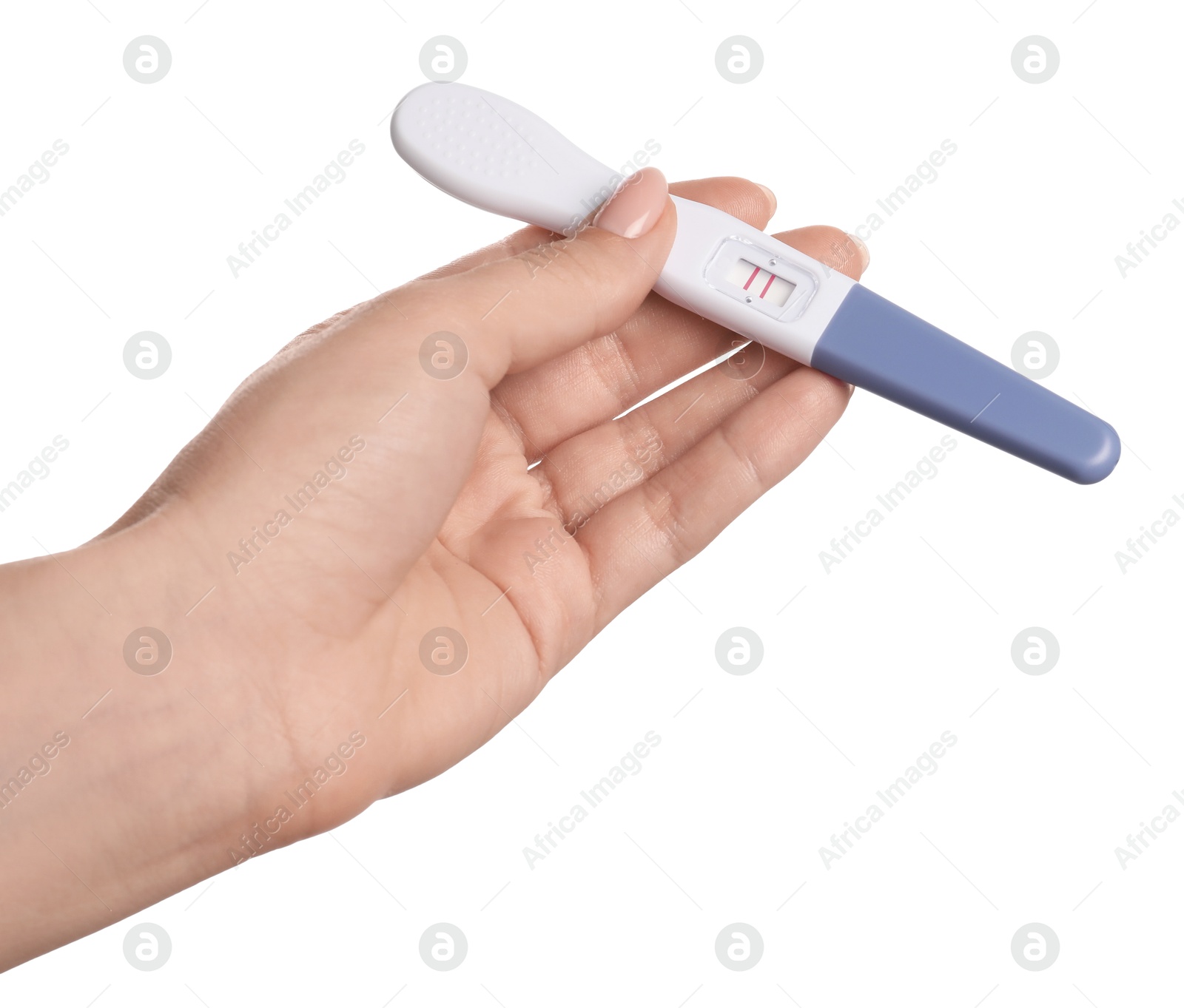 Photo of Woman holding pregnancy test on white background, closeup