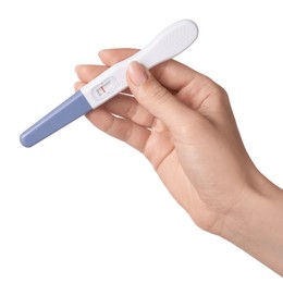 Photo of Woman holding pregnancy test on white background, closeup