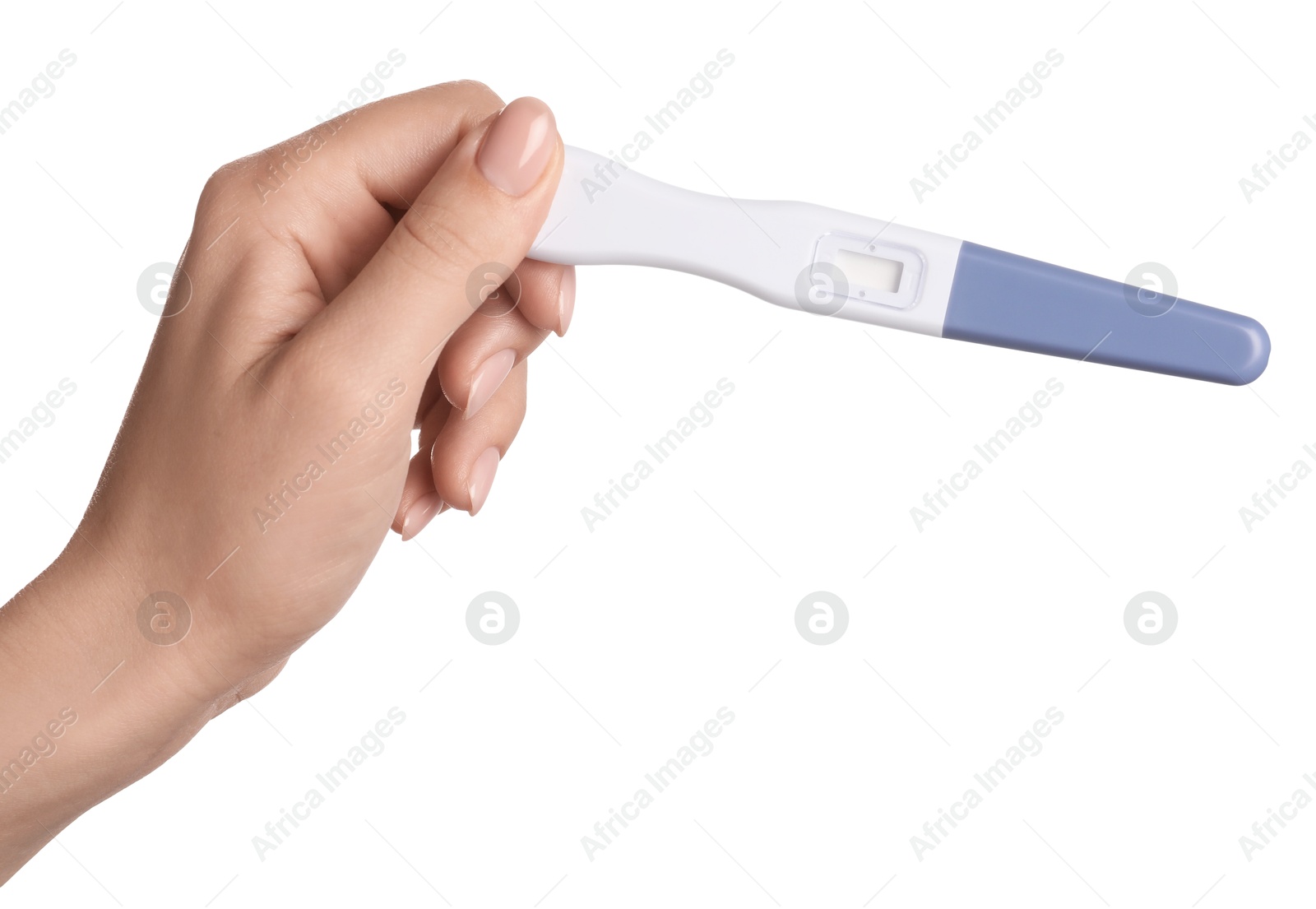 Photo of Woman holding pregnancy test on white background, closeup