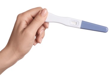 Photo of Woman holding pregnancy test on white background, closeup