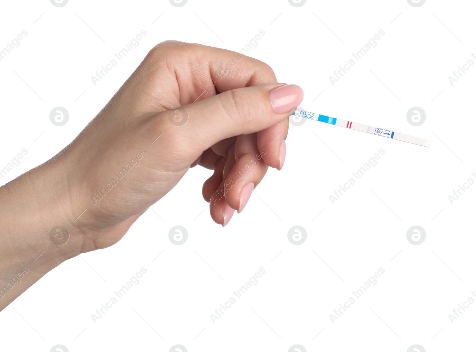 Photo of Woman holding pregnancy test on white background, closeup