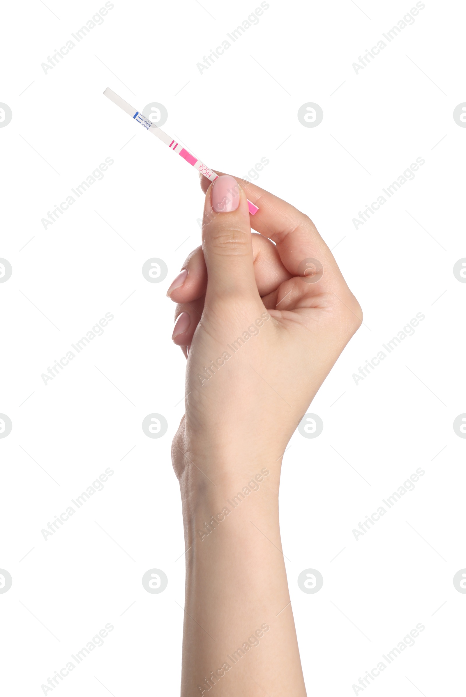 Photo of Woman holding pregnancy test on white background, closeup