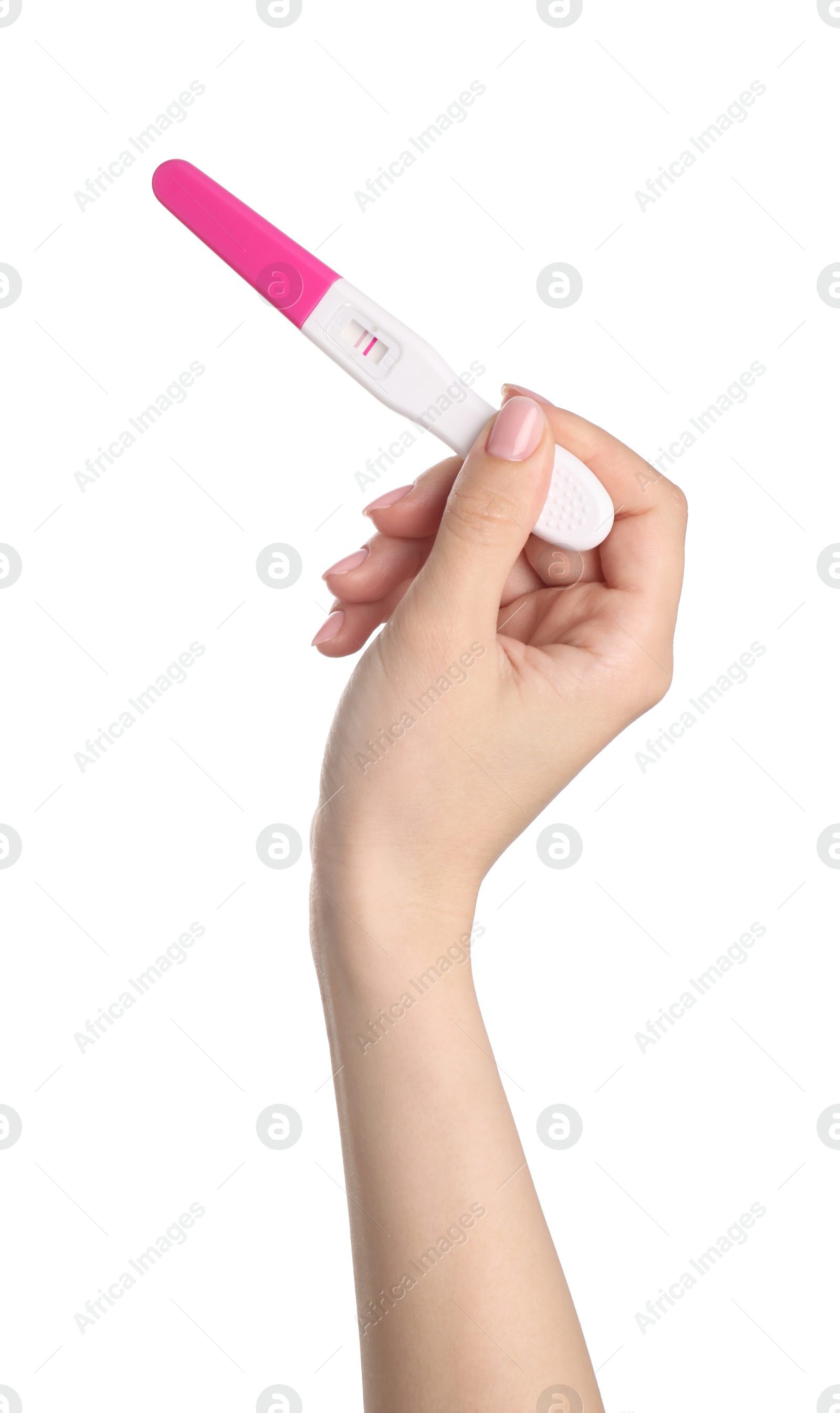 Photo of Woman holding pregnancy test on white background, closeup