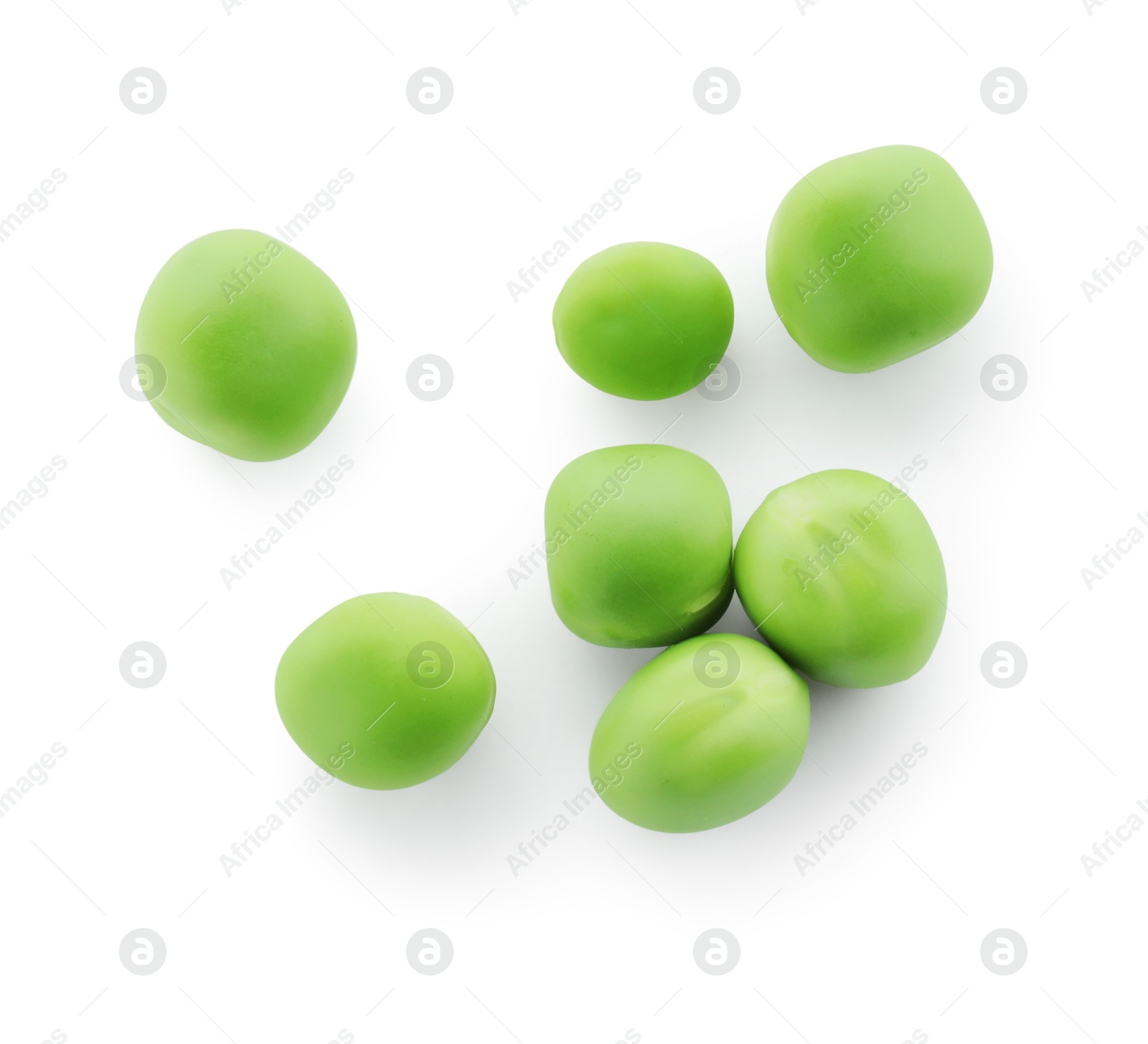 Photo of Fresh green peas isolated on white, top view