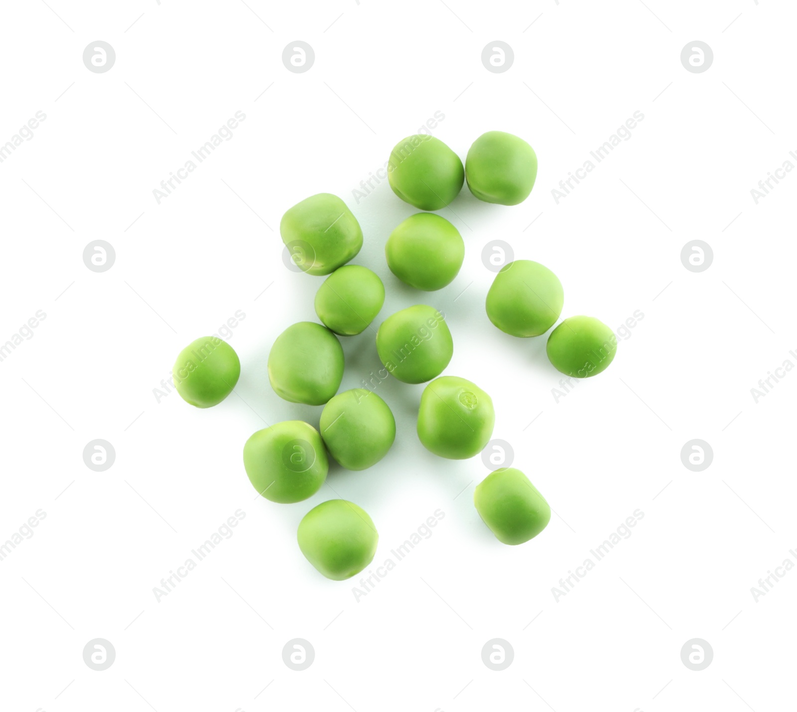 Photo of Fresh green peas isolated on white, top view