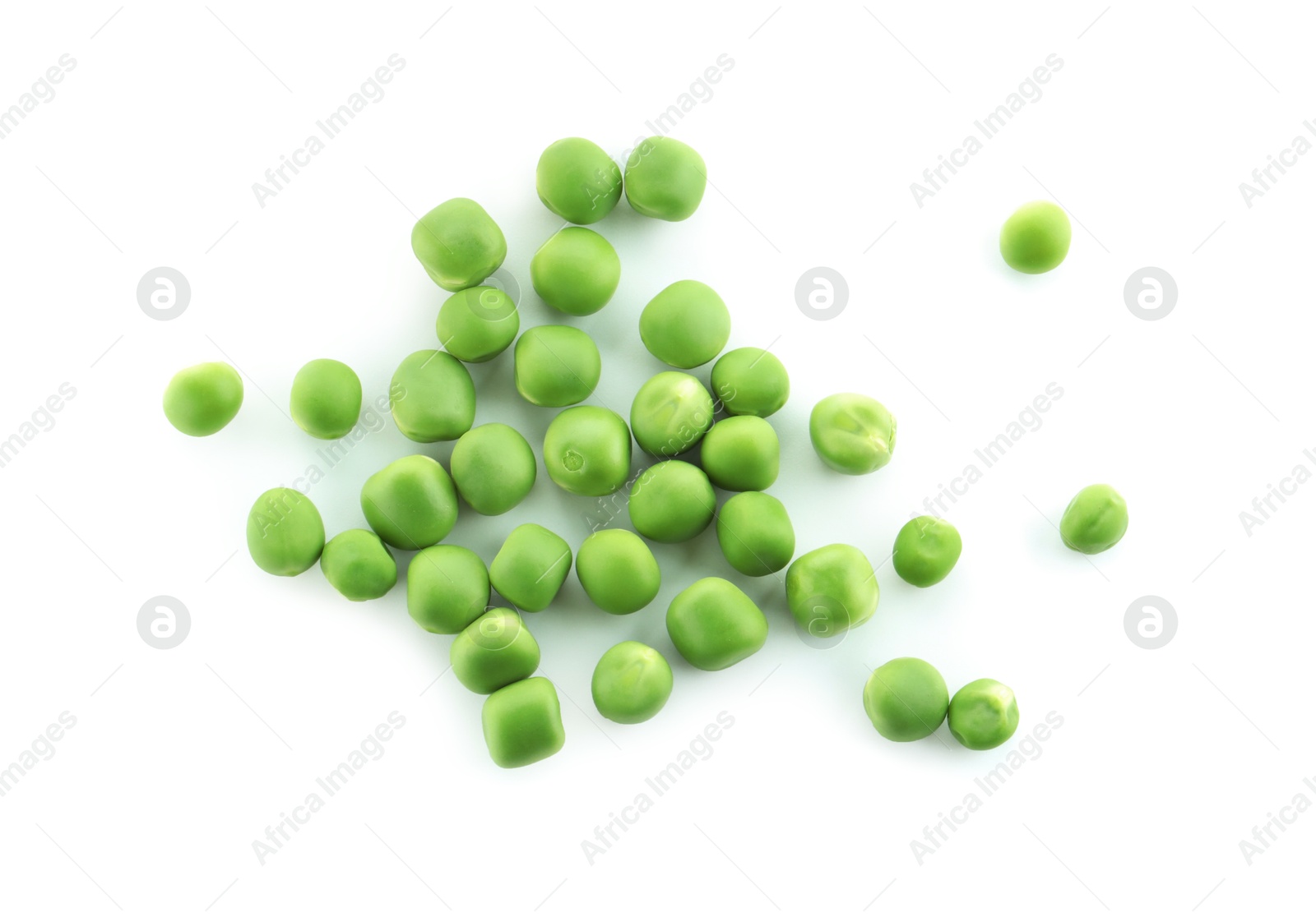 Photo of Pile of fresh green peas isolated on white, top view