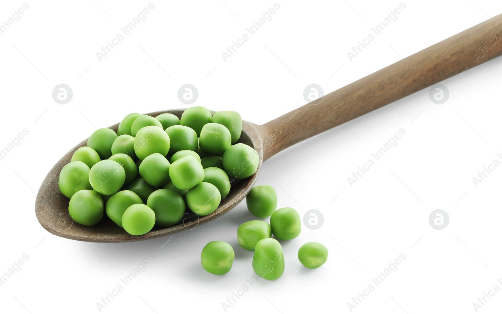 Photo of Spoon with fresh green peas isolated on white